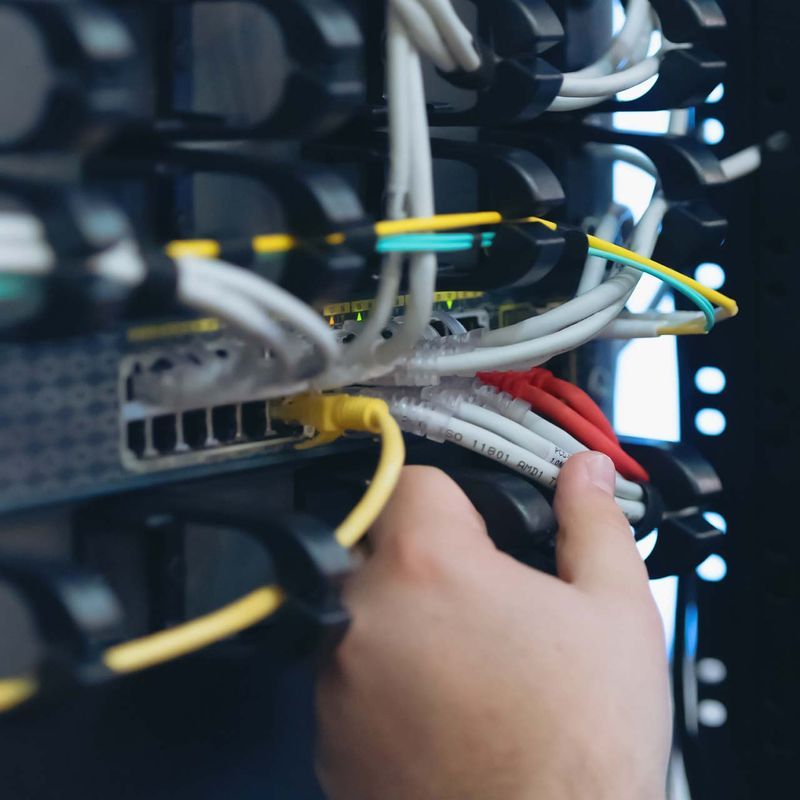 A hand connects network cables in a server rack to ensure a stable internet connection.